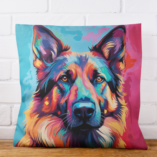 Abstract watercolor German Shepherd throw pillow in a splash of color