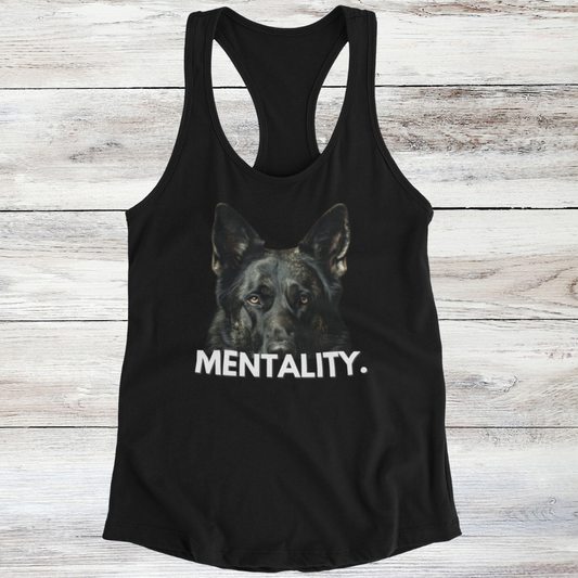 Black German Shepherd Mentality women's racerback tank top on white wood background