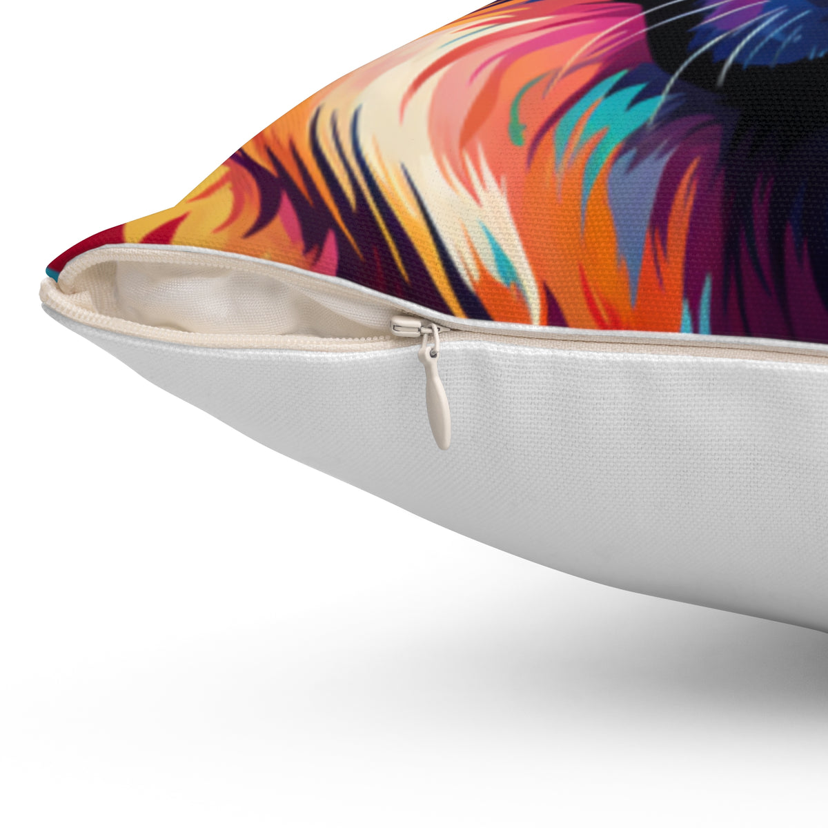 Close-up of the corner zipper on an abstract German Shepherd watercolor pillow
