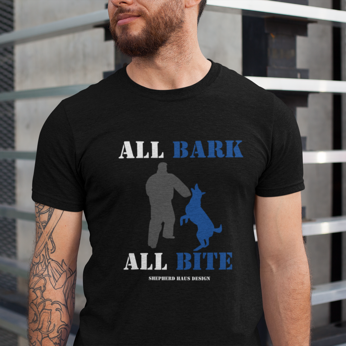 T-shirt with a German Shepherd graphic and the words All Bark All Bite
