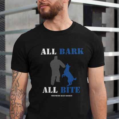T-shirt with a German Shepherd graphic and the words All Bark All Bite