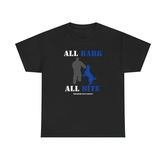 Black All Bark All Bite t-shirt with handler and blue German Shepherd bite sport graphic