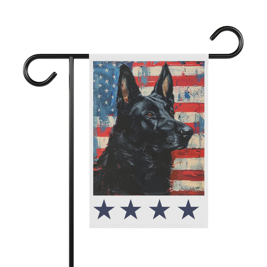American flag black German Shepherd garden banner shown on stand, stand not included