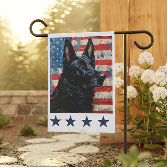 Patriotic black German Shepherd garden flag displayed on yard pole, pole sold separately