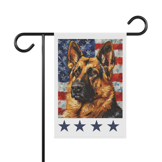 American flag German Shepherd garden banner shown on stand, white background, stand not included