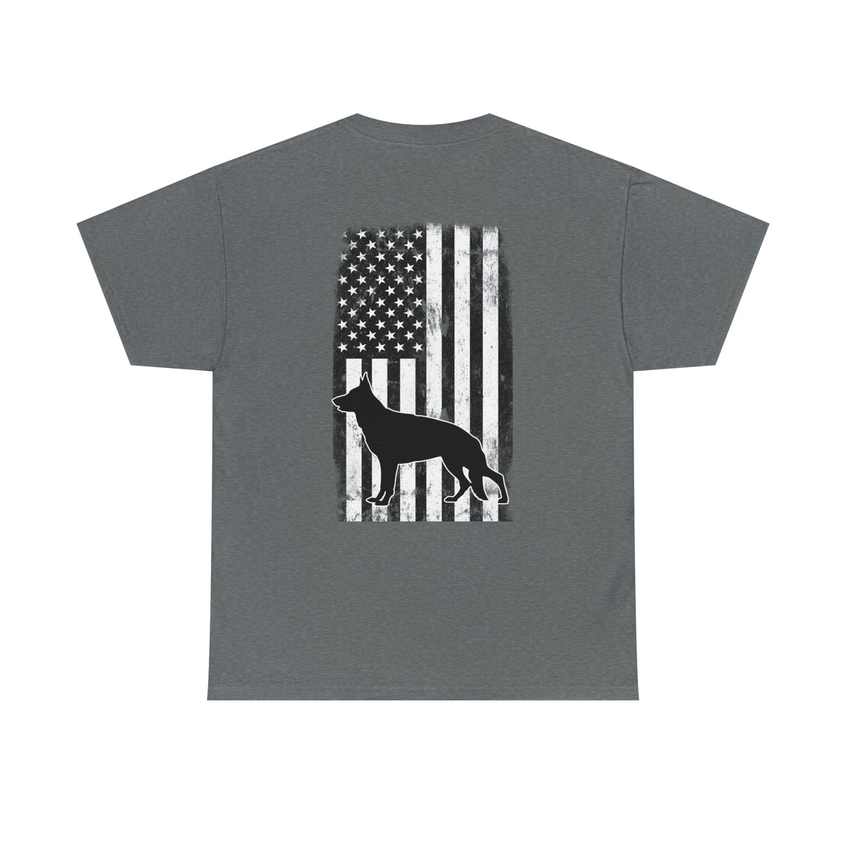 Gray t-shirt back print with distressed American flag and German Shepherd silhouette
