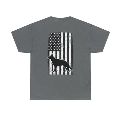 Gray t-shirt back print with distressed American flag and German Shepherd silhouette
