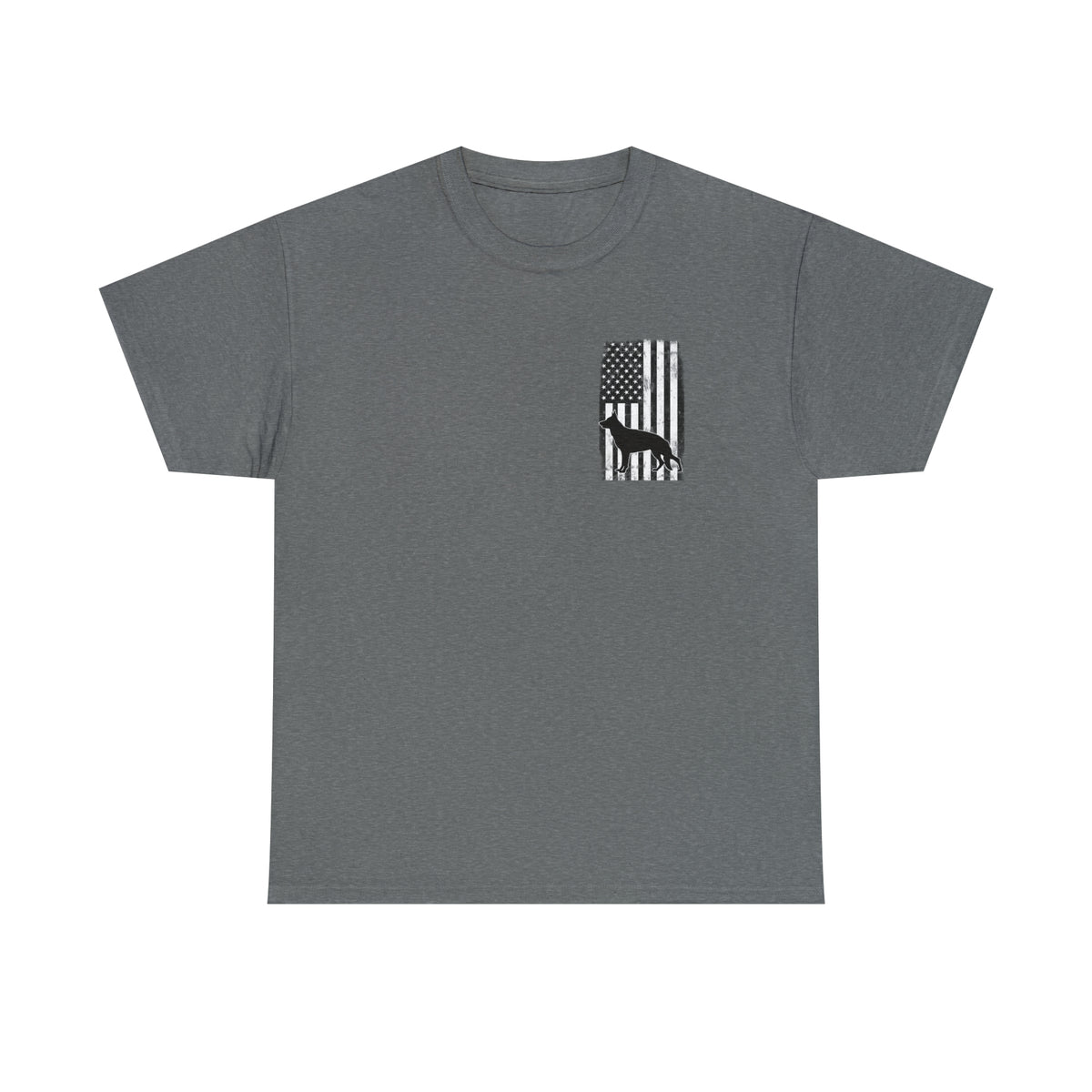 Gray American flag German Shepherd t-shirt with small chest print, front view