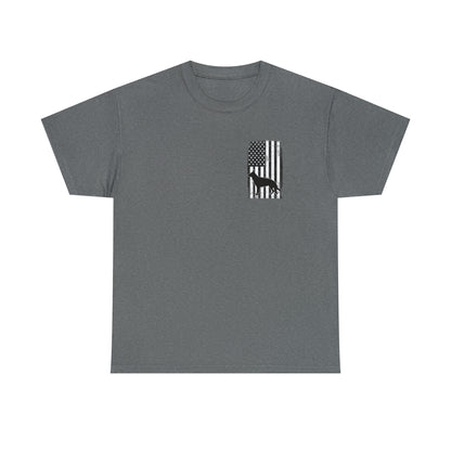 Gray American flag German Shepherd t-shirt with small chest print, front view
