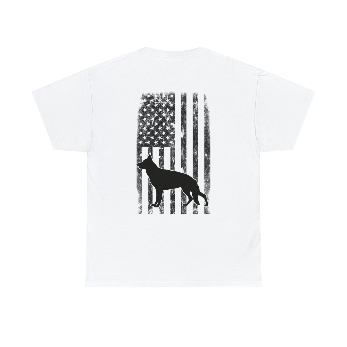 White t-shirt back print with distressed American flag and German Shepherd silhouette