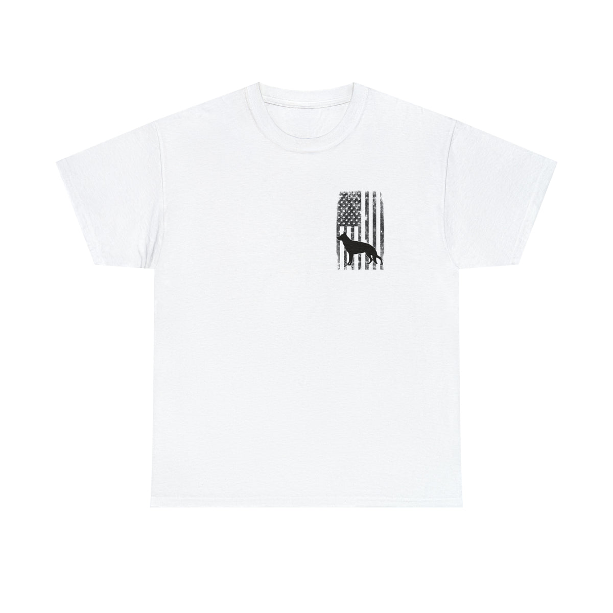 White American flag German Shepherd t-shirt with small chest print, front view