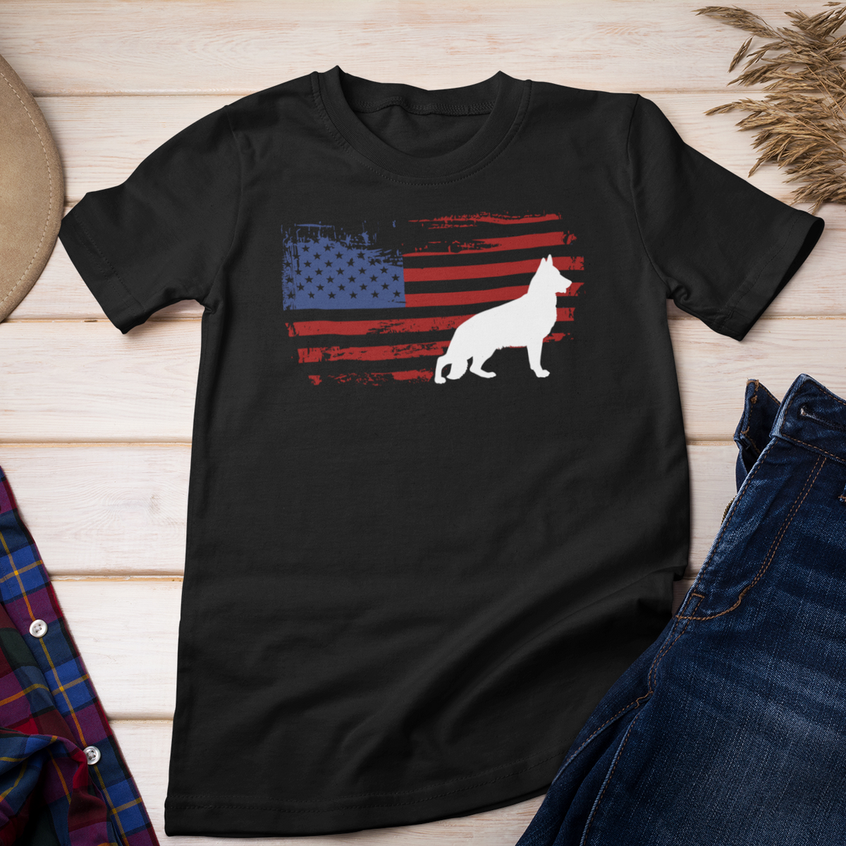 Black American Pride German Shepherd men's t-shirt with flag design, styled with jeans