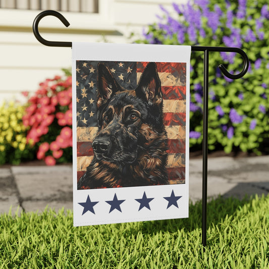 Patriotic sable German Shepherd garden flag displayed on yard pole, pole sold separately