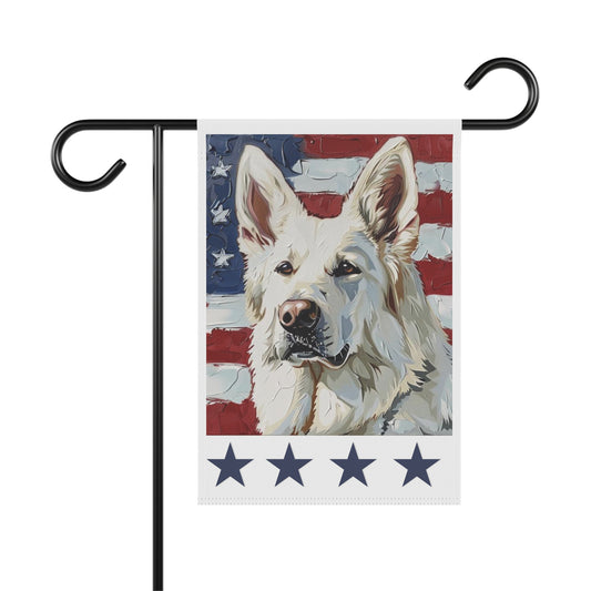 American flag white German Shepherd garden banner shown on stand, white background, stand not included