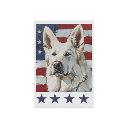 American White German Shepherd garden flag on white background, 12x18 inch double sided