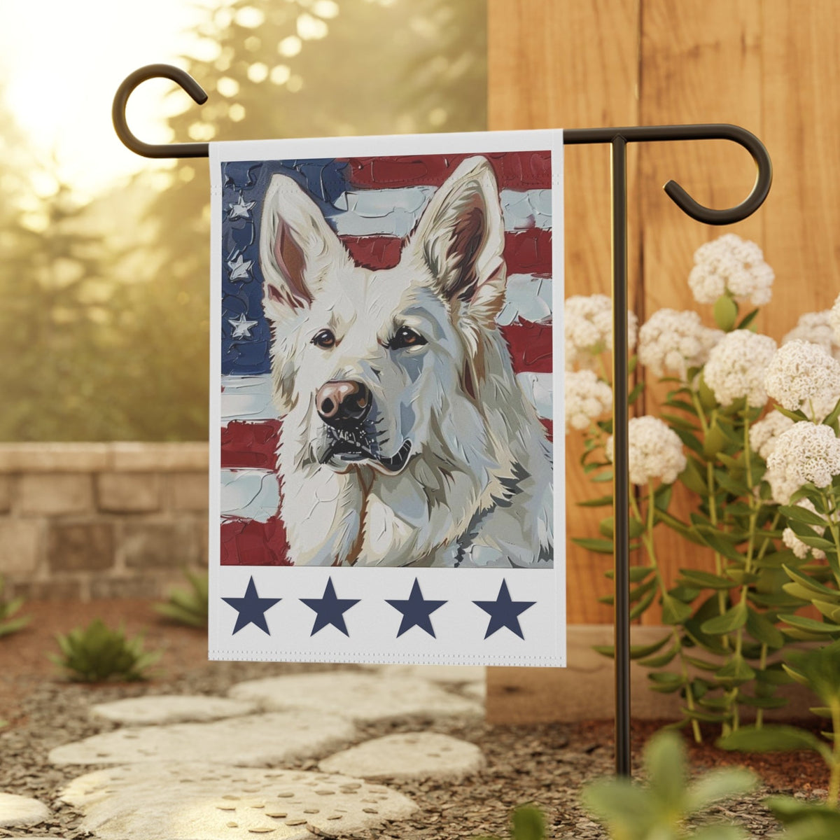 Patriotic white German Shepherd garden flag displayed in front yard, pole sold separately