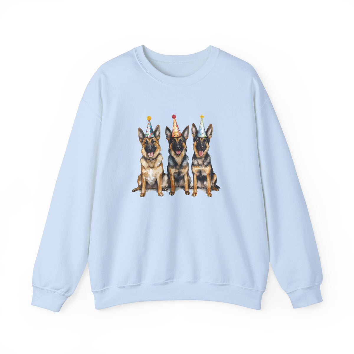 Light blue birthday sweatshirt with three German Shepherds in party hats on white background