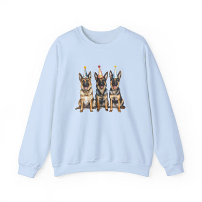 Light blue birthday sweatshirt with three German Shepherds in party hats on white background
