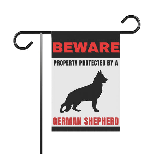Beware of German Shepherd garden banner shown on stand, white background, stand not included