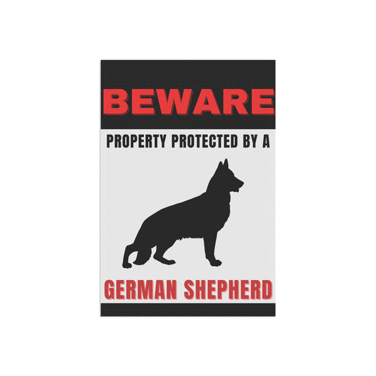 Beware of German Shepherd warning garden flag on white background, 12x18 inch double sided