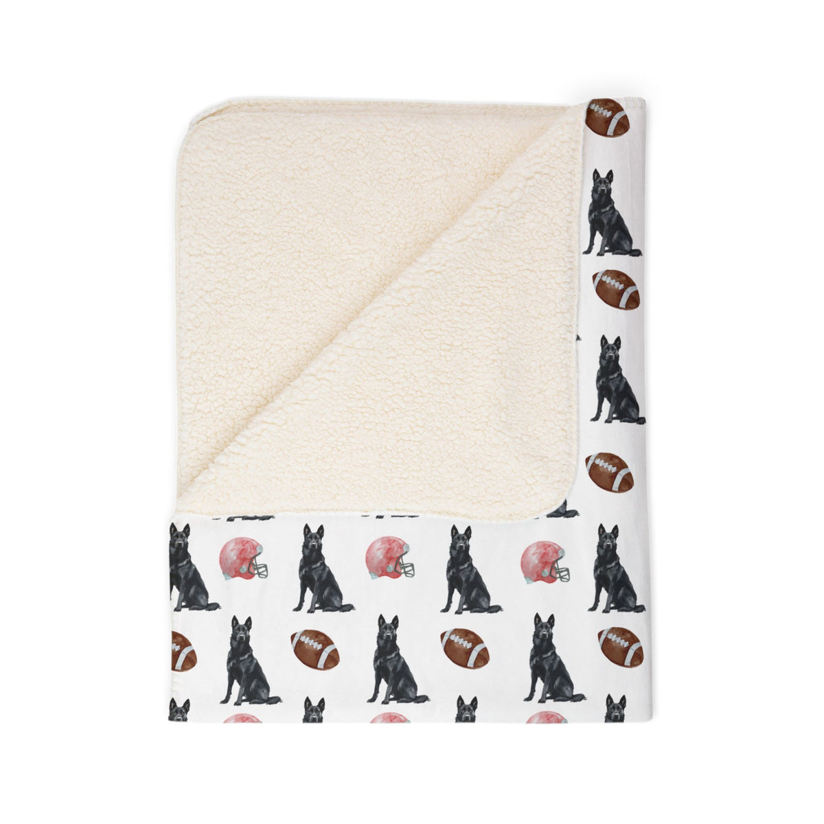 Black German Shepherd football blanket folded showing cream backing, fleece throw in beige