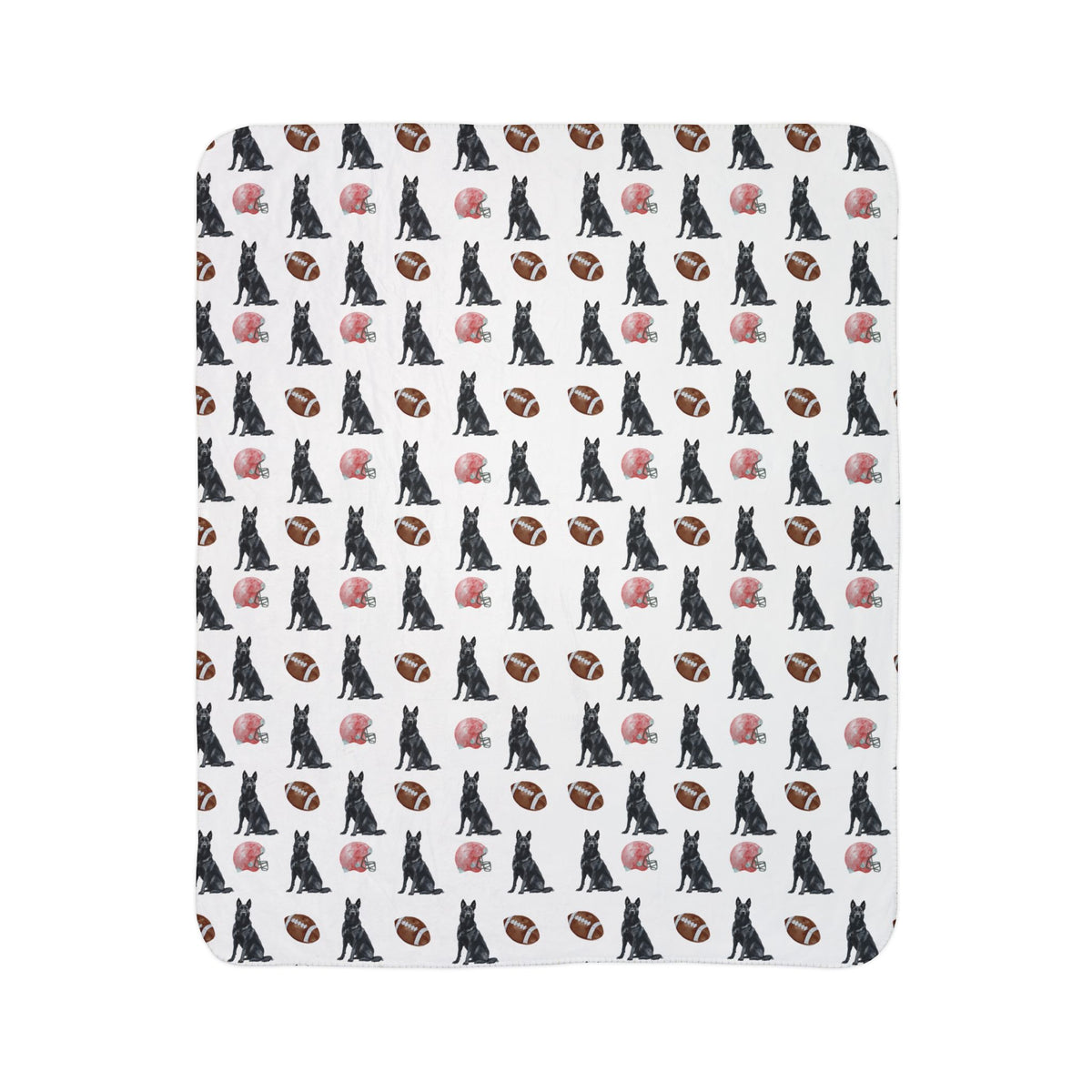Close-up of black German Shepherd football blanket pattern with footballs and helmets