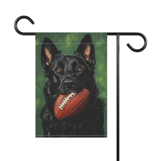 Black German Shepherd football garden banner shown on stand, white background, stand not included