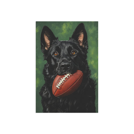 Black German Shepherd football garden flag on white background, 12x18 inch 