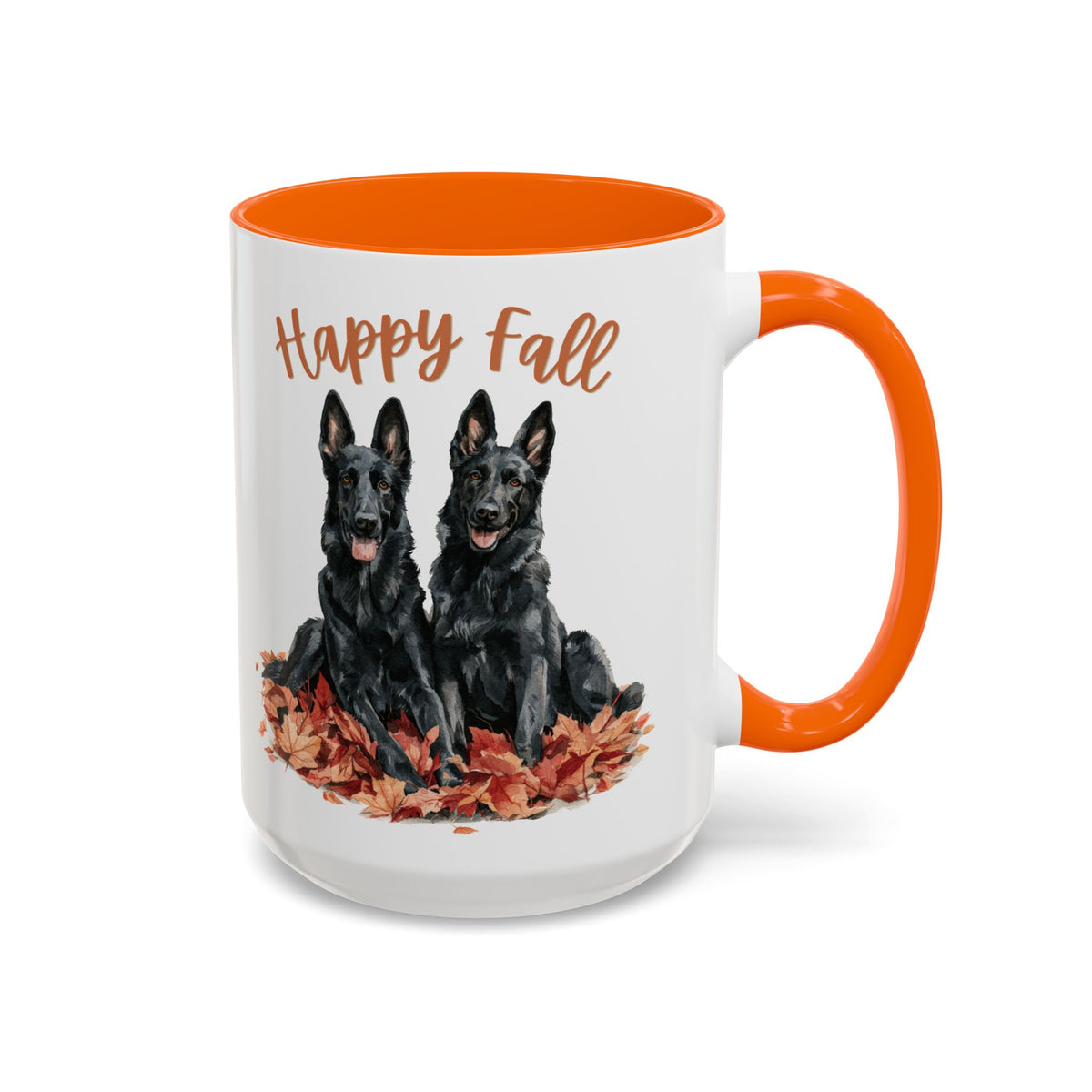 Black German Shepherd Happy Fall mug with two dogs in autumn leaves, orange inside and handle