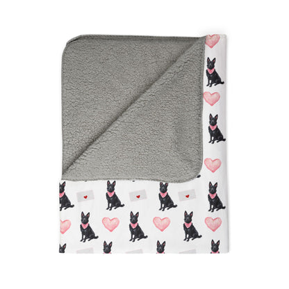 Black German Shepherd Valentine's blanket with pink hearts folded showing gray backing