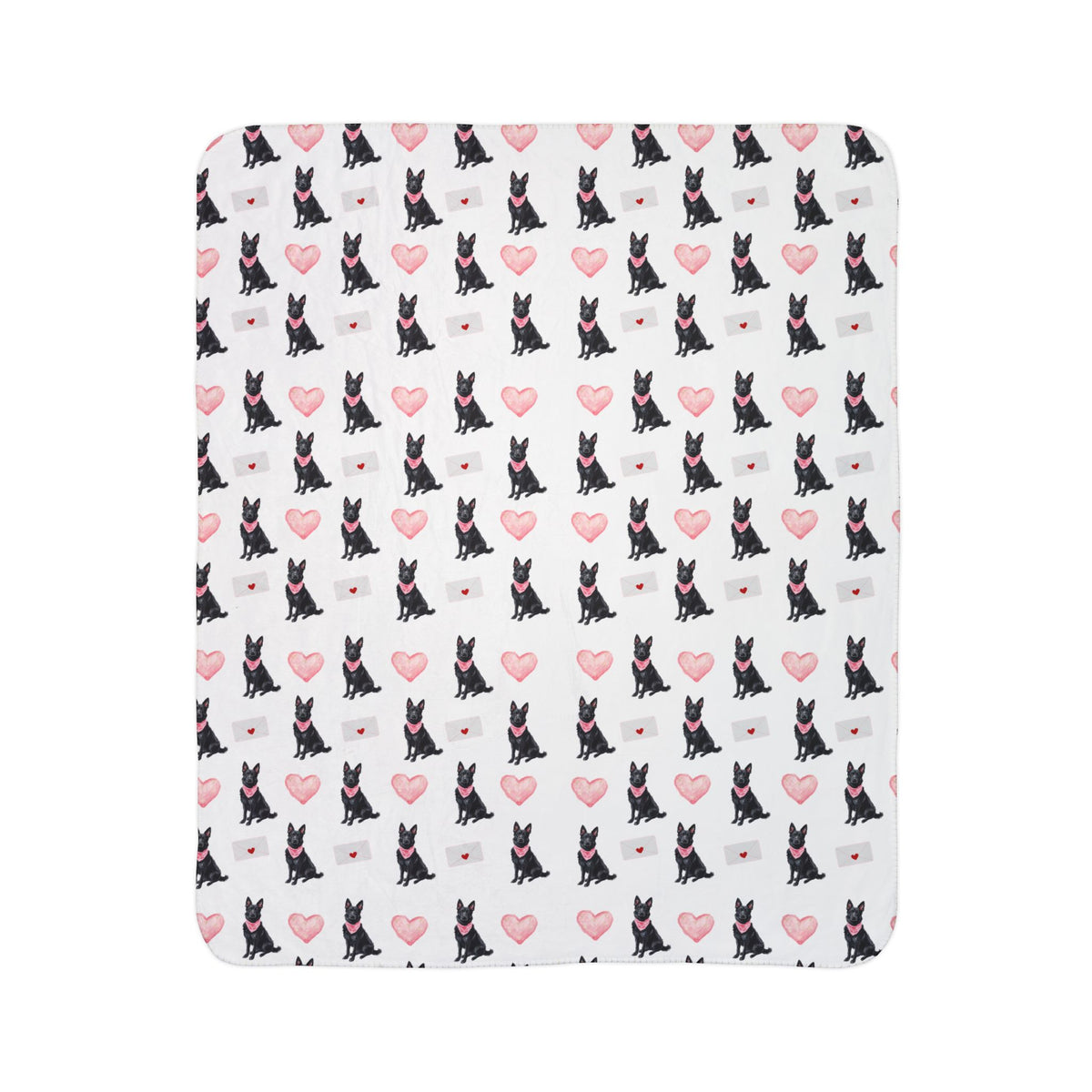 Close-up of black German Shepherd Valentine's blanket pattern with pink hearts and love letters