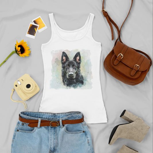 White women's tank top with black German Shepherd watercolor, styled with jeans and purse