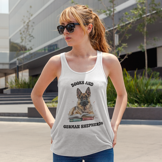 Woman in sunglasses wearing Books and German Shepherds racerback tank top outdoors