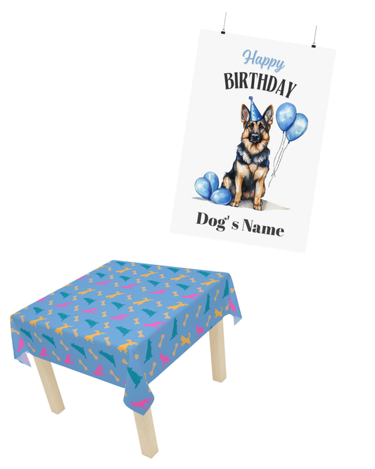 Blue German Shepherd boy birthday party set with tablecloth on table and poster hanging