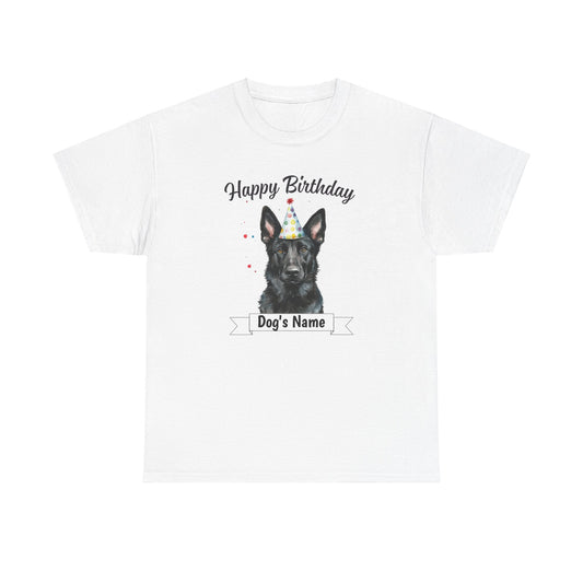 Custom birthday black German Shepherd t-shirt flat lay on white background
