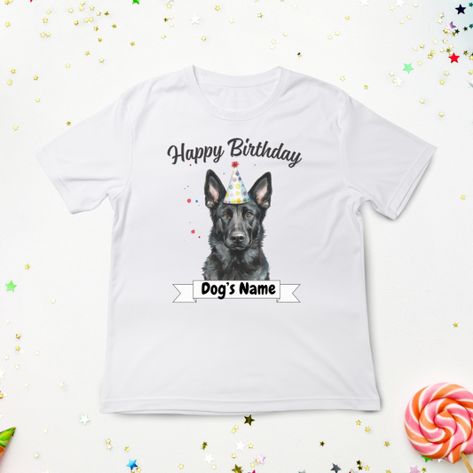 Custom birthday black German Shepherd t-shirt styled with party decorations