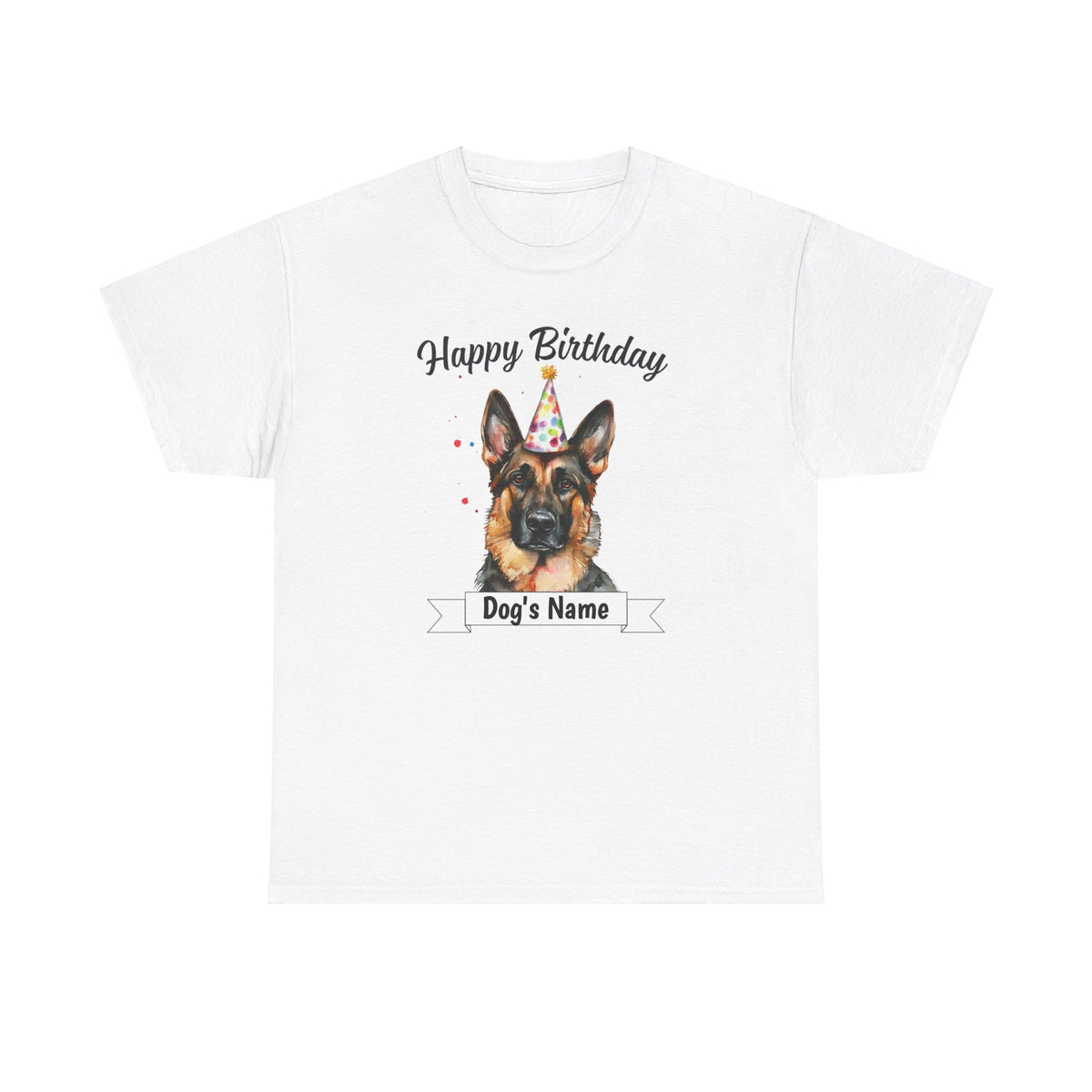 Custom birthday German Shepherd t-shirt flat lay on white background
