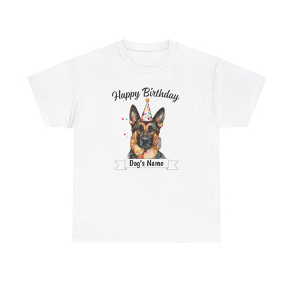 Custom birthday German Shepherd t-shirt flat lay on white background