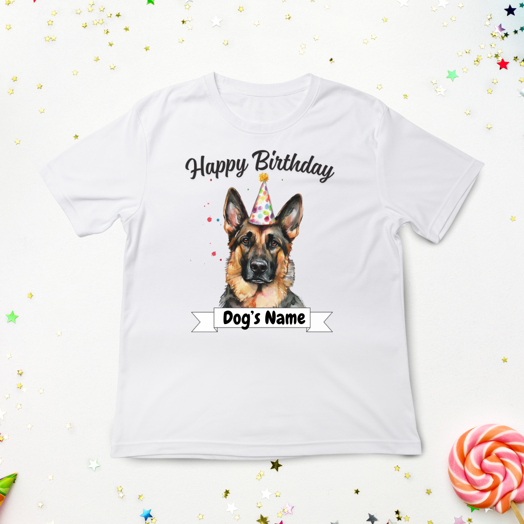 Custom birthday German Shepherd t-shirt with dog in party hat design, styled with party decor