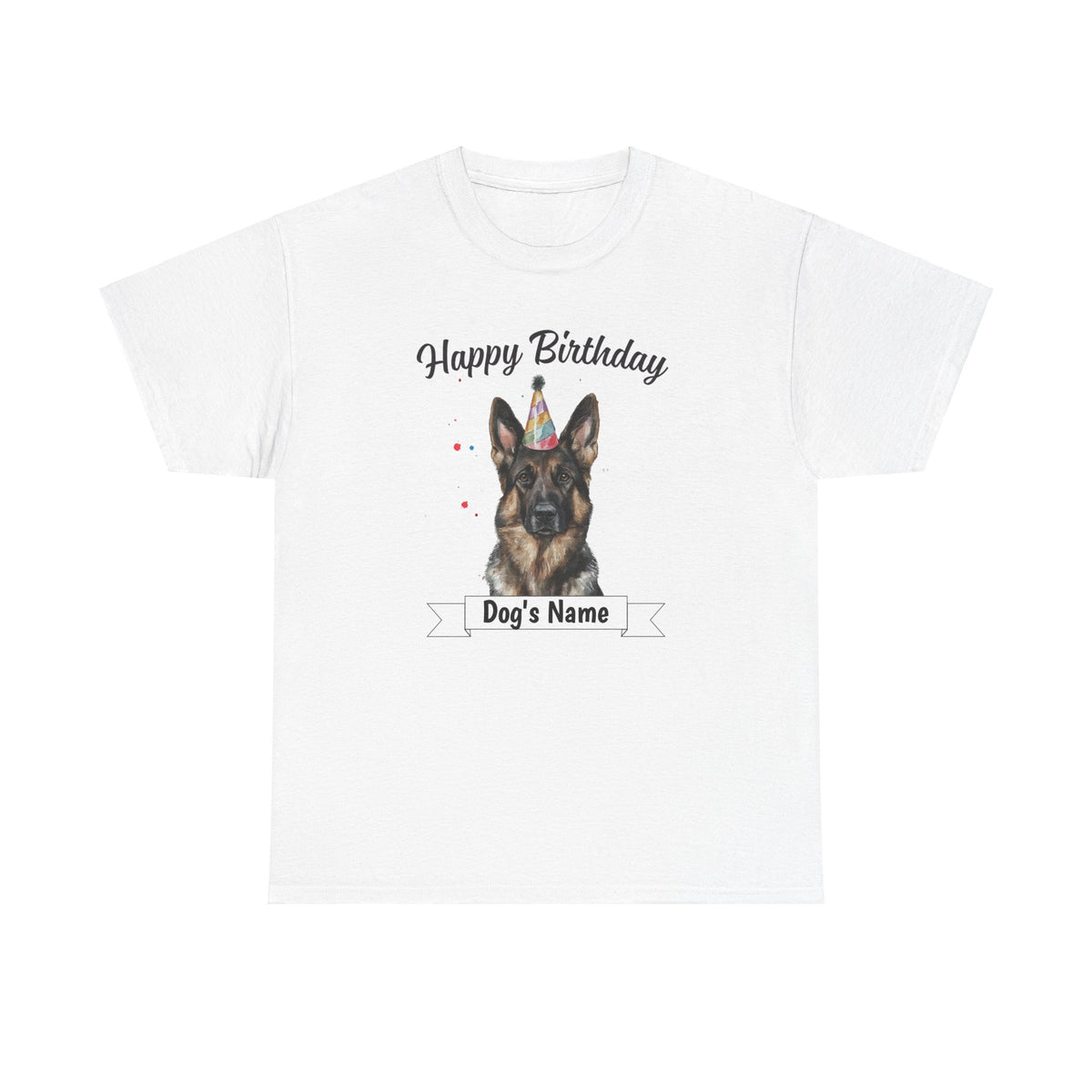 Custom birthday sable German Shepherd t-shirt flat lay on white background. GSD wearing a Bday hat