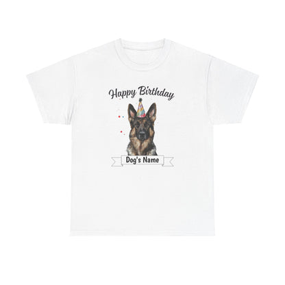 Custom birthday sable German Shepherd t-shirt flat lay on white background. GSD wearing a Bday hat