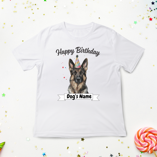 Custom birthday sable German Shepherd t-shirt styled with party decorations and German Shepherd  with a Bday hat