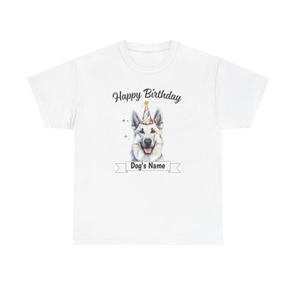 Custom White t-shirt with a graphic of a German Shepherd wearing a birthday hat with the text 'Happy Birthday'