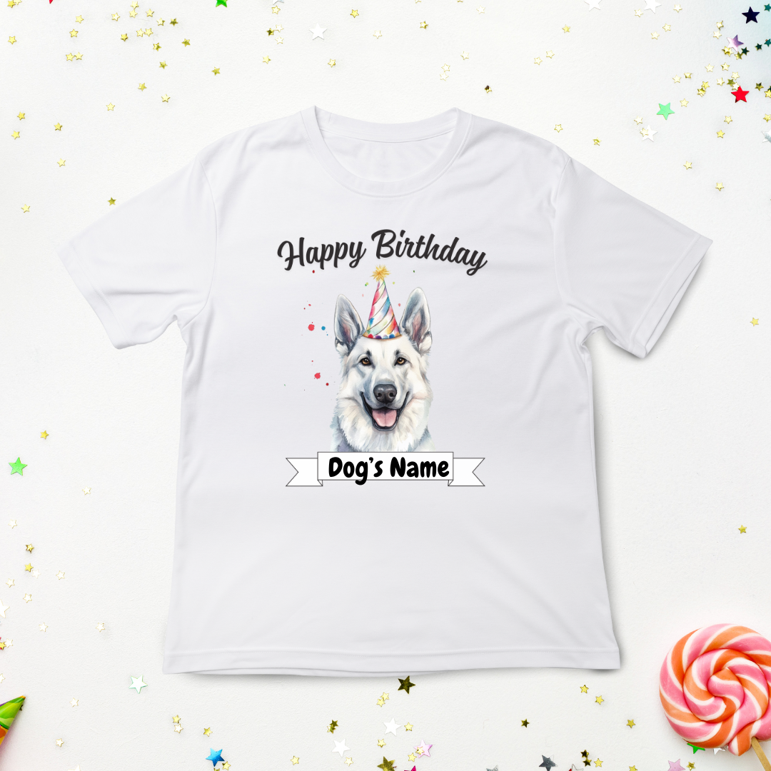 Custom White t-shirt with a graphic of a German Shepherd wearing a birthday hat with the text 'Happy Birthday' 
