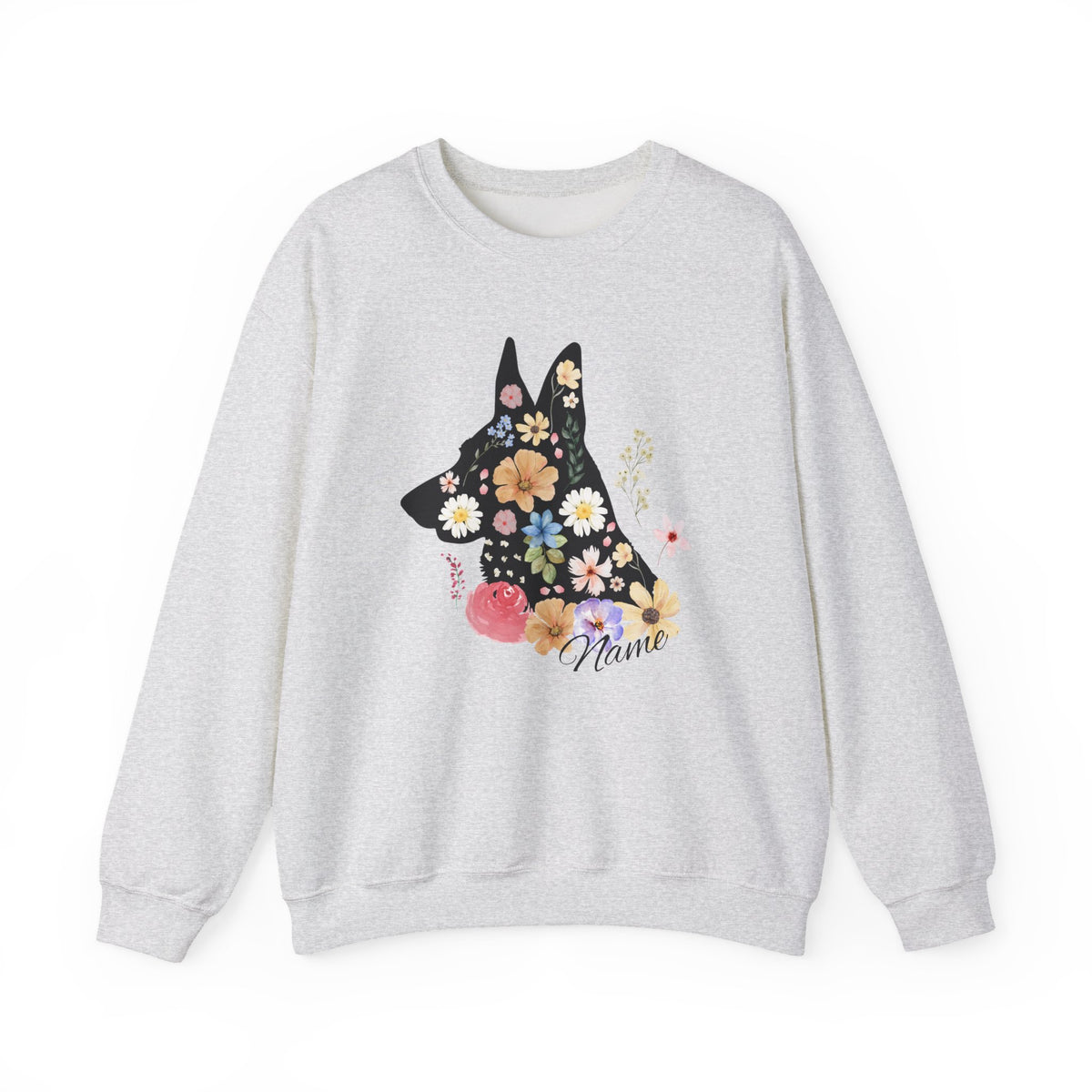 Gray custom floral German Shepherd sweatshirt with personalized dog design