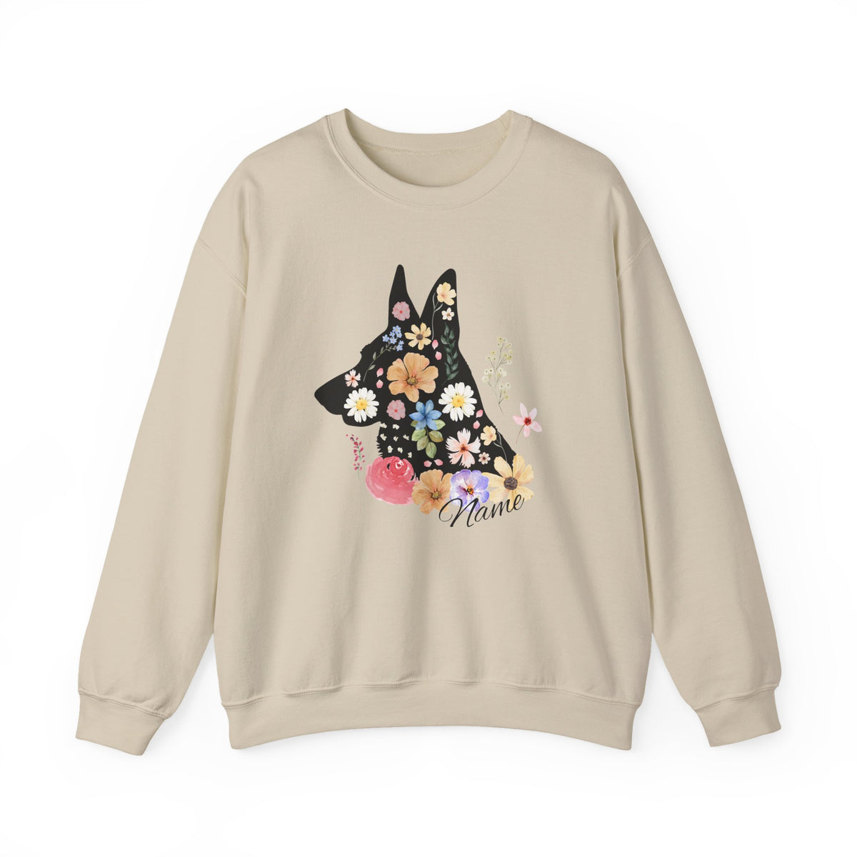 Tan custom floral German Shepherd sweatshirt with personalized dog design
