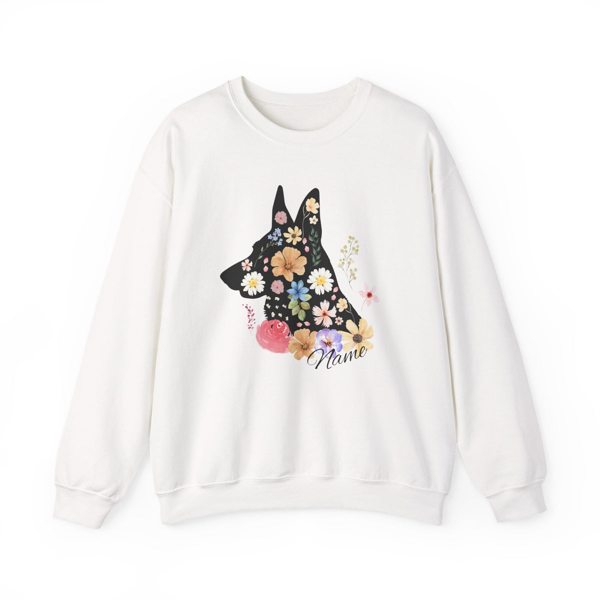White custom floral German Shepherd sweatshirt with personalized dog design
