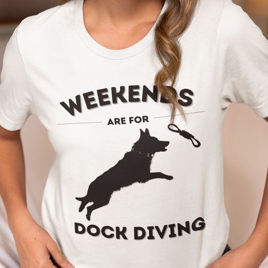 T-shirt with a German Shepherd leaping off a dock into water