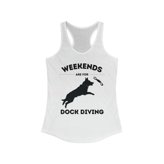 White women's racerback tank top with jumping German Shepherd, Weekends Are For Dock Diving