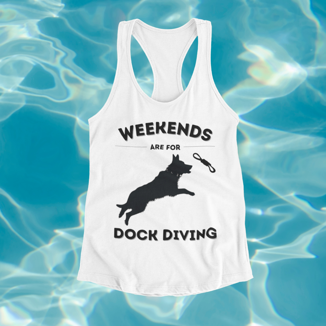 Woman's racerback tank top with a German Shepherd leaping off a dock into water